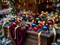 Elegant Christmas ornament stall with glass baubles, gold ribbons, frosted pine branches, and velvet decorations