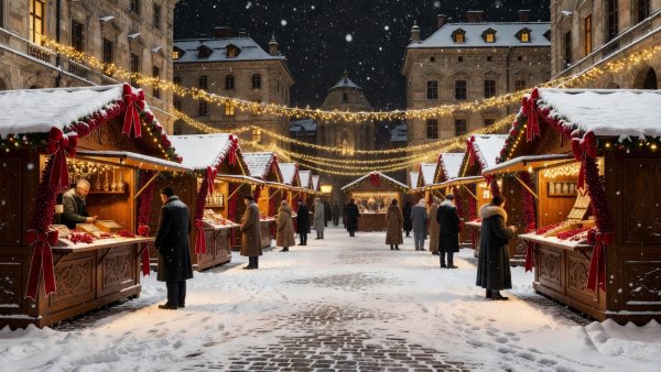 Luxury European Christmas market square at night with snowy cobblestones, elegant wooden stalls, golden string lights, and cranberry ribbons