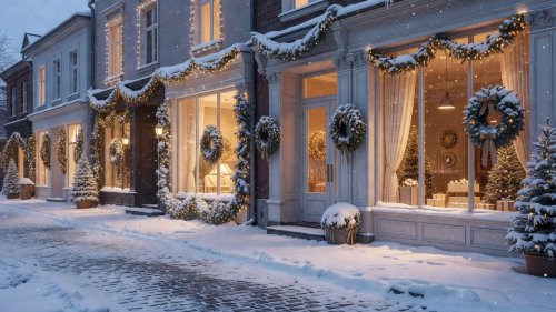 Snowy winter street with boutique holiday storefronts, warm glowing windows, refined decorations, and soft snowfall